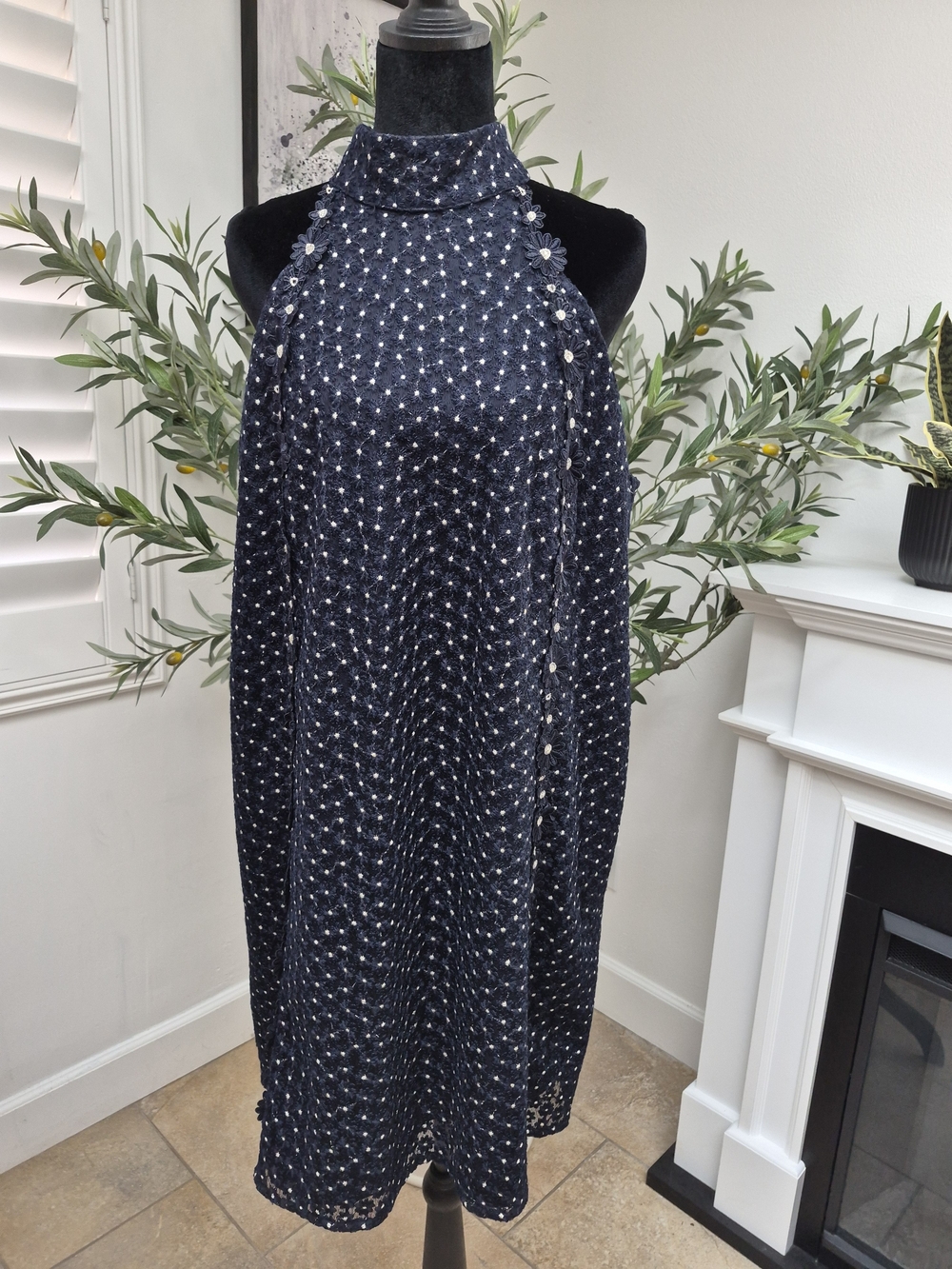 TED BAKER Navy Halter Shift with pockets Dress with Subtle Dot Texture